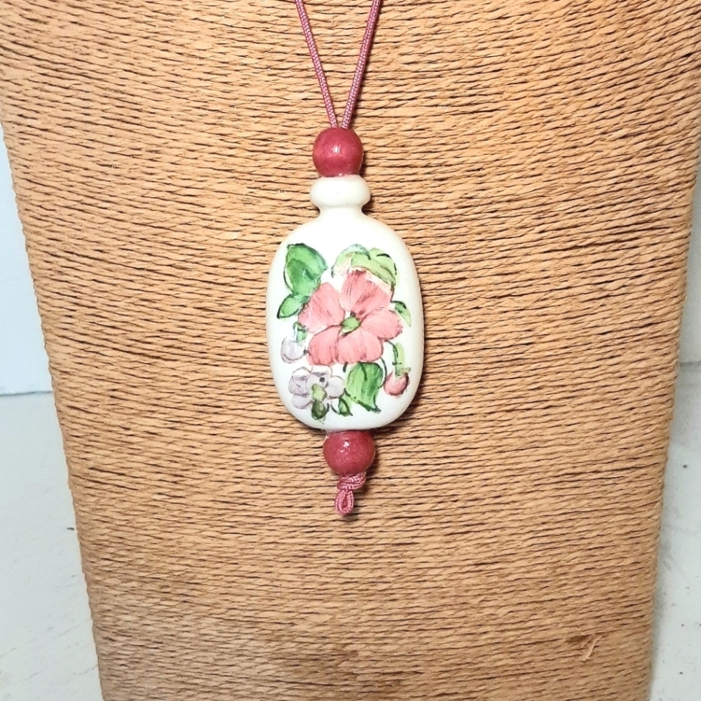 Floral Pendant Necklace with Pink and Green Accents Adjustable Pink Nylon Cord